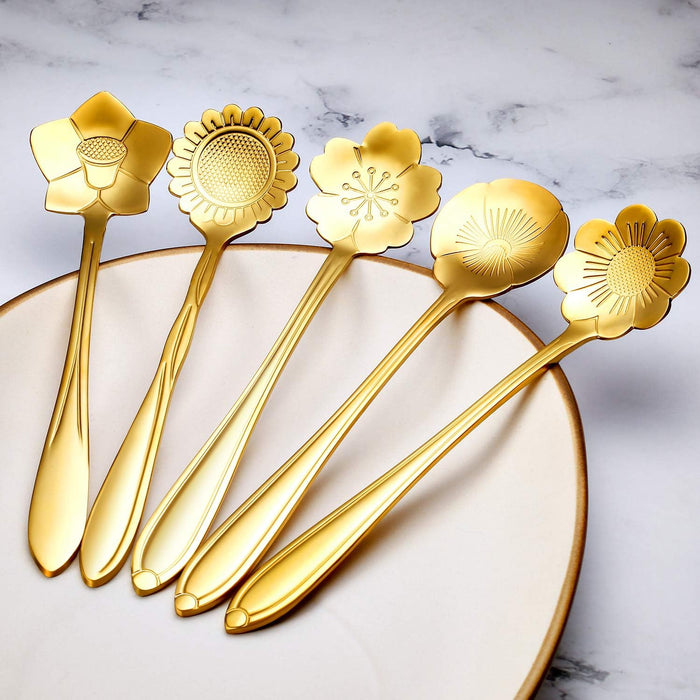 8 Pcs Flower Coffee Tea Teaspoons Stainless Stirring Spoons, Gold