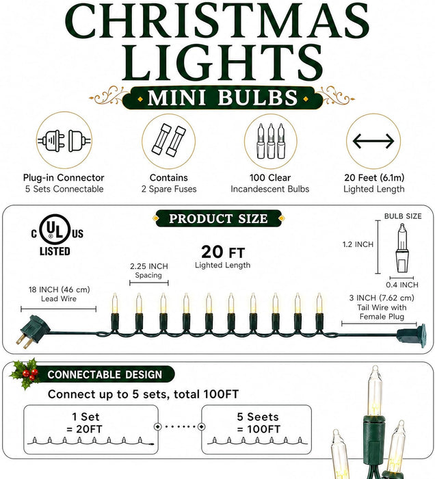 Warm White Christmas Lights, 2 Pack Total 40FT 200 Count Incandescent Christmas Mini Tree String Lights, Waterproof Christmas Decorations for Outdoor Indoor Xmas Patio Home Party Garden Yard Decor