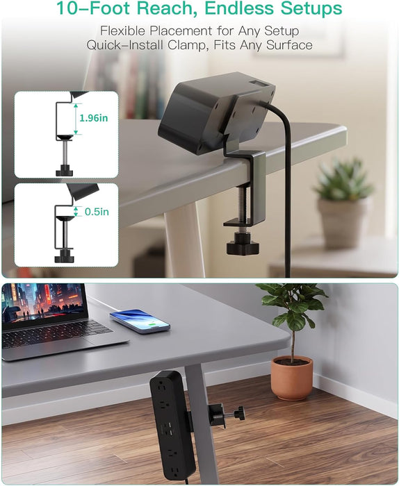 Desk Clamp Power Strip 10FT, 40W USB C Fast Charging Station, Black
