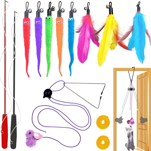 Cat Toys Interactive for Indoor Cats,2PCS Retractable Cat Wand,9PCS Teaser Toys&1PCS Hanging Door Lure Kitten Toy,Intera