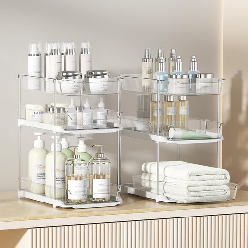 2 Sets of 3-Tier Bathroom Under Sink Organizers and Storage, Multi-Purpose Stackable Pantry Organization and Storage, Pu
