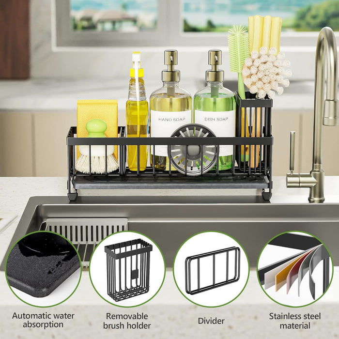 Sink Caddy Organizer with Drying Stone, Black Sponge Holder for Kitchen