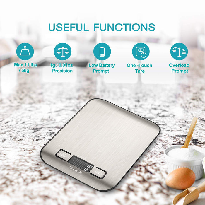 Food Scale, Digital Kitchen Scale with LCD Display, Weight Grams and Ounces for Baking Cooking and Meal Prep, 6 Units with Tare Function, 304 Stainless Steel, 11lb (Batteries Included)