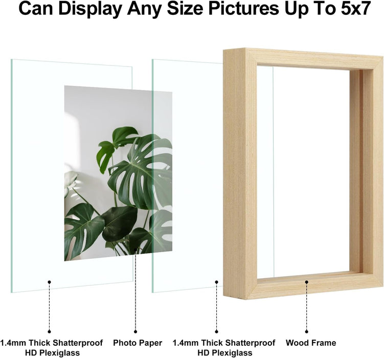 5x7 Floating Frames Set of 2, Double Plexiglass Picture Frame, Made of Solid Wood Display Any Size Photo up to 5x7, Wall