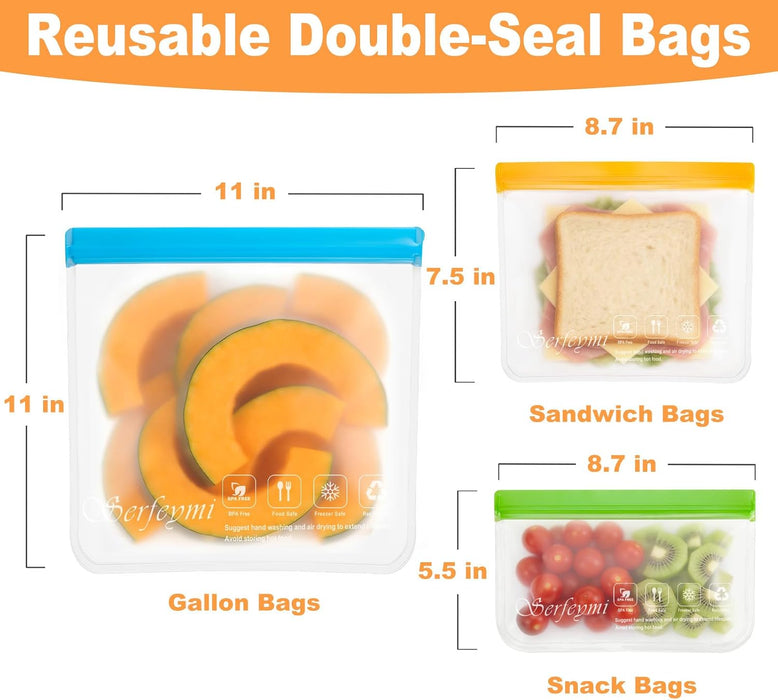 10 Pack Reusable Gallon Freezer Bags Dishwasher Safe, Extra Thick Reusable Plastic Bags BPA Free, Leak Proof Food Storage Bags with 3 Sizes for Meat, Travel - 2 Gallon 4 Sandwich 4 Snack