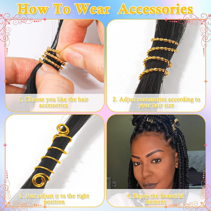 220 Pcs Gold Hair Jewelry for Braids, Loc Jewelry for Hair Dreadlock, Loc Charms for Women, Metal Gold Braid Rings Cuffs
