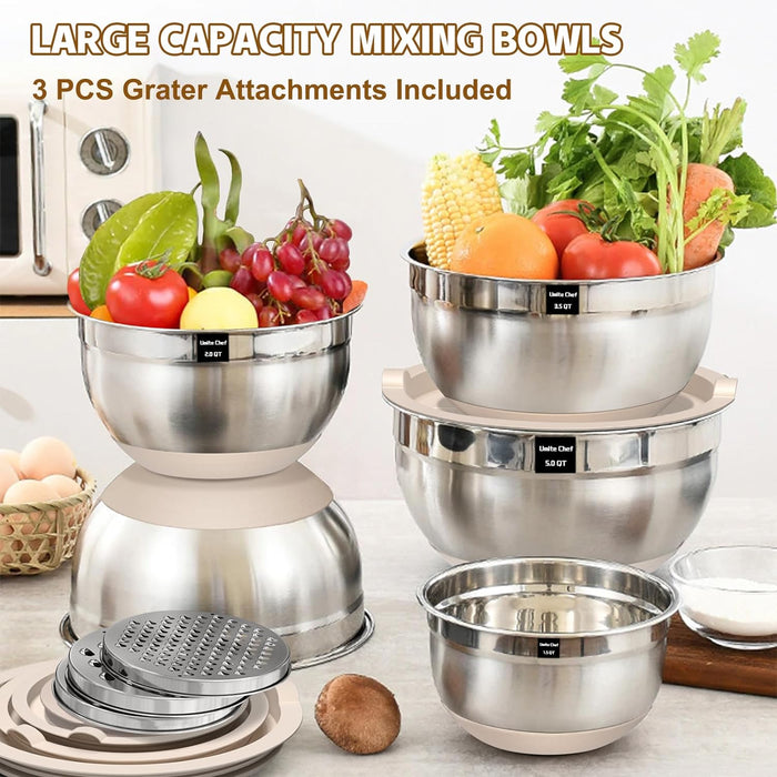 Mixing Bowls with Airtight Lids Set, 8PCS Stainless Steel Nesting Bowls with Grater Attachments, Non-Slip Bottoms, 5, 4,