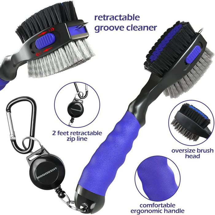 2 Pack Golf Club Brushes and Groove Cleaner 2 ft Retractable Zipline Carabiner Golf Brush Head with Retractable Spike Co