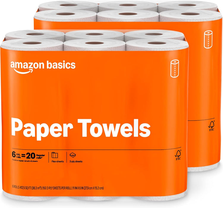 2-Ply Flex-Sheets Paper Towels, 12 Basics Rolls = 40 Regular Rolls, Everyday Value with 150 Sheets per Roll, Packaging May Vary