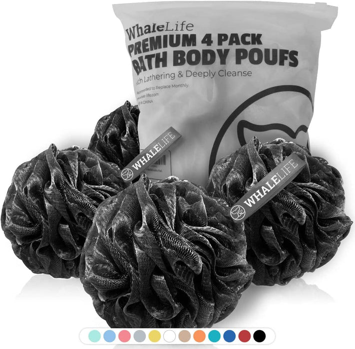 Bath Loofah Sponge for Shower - Body Scrubber 4-Pack Black