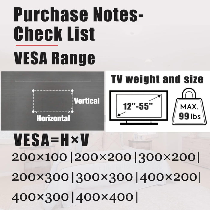 No Stud TV Wall Mount, Drywall Studless TV Hanger No Damage, No Drill, Non Screws, Dry Wall Flat Screen TVs Easy Install Bar Bracket fits VESA 12-55 inch TVs up to 99 lbs, Include Hardware Levels