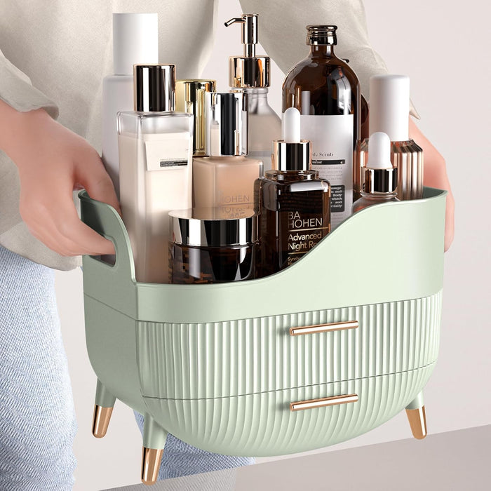 Makeup Organizer with Drawers, Green Skincare Organizer for Vanity, Storage Box with Handle, Large Cosmetic Display Case