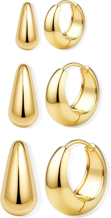 3 Pairs 14K Gold Hoop Earrings Set for Women Small Chunky Huggie