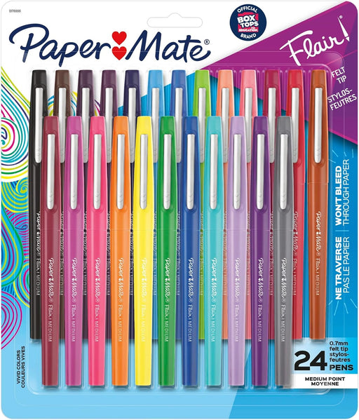 Paper Mate Flair Felt Tip Pens, Medium Point, Assorted Colors, 24 Count - Home, Office, Back to School, Teacher Supplies
