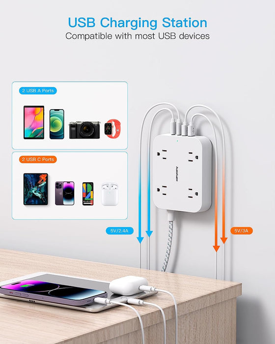Flat Plug Extension Cord, 4 Widely Power Strip with 4 USB Ports(2 USB C)