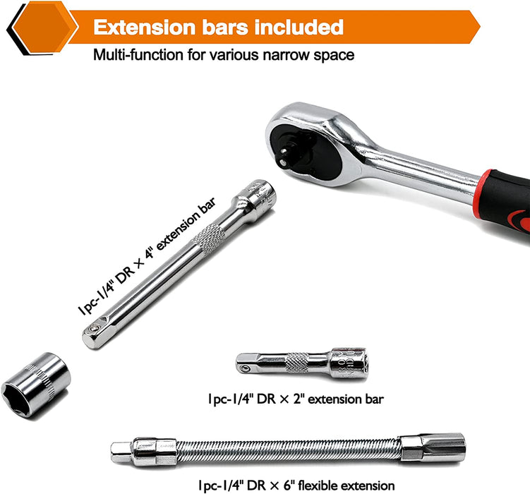 46 Pieces 1/4 inch Drive Socket Ratchet Wrench Set, with Bit Socket Set Metric and Extension Bar for Auto Repairing and Household, with Storage Case
