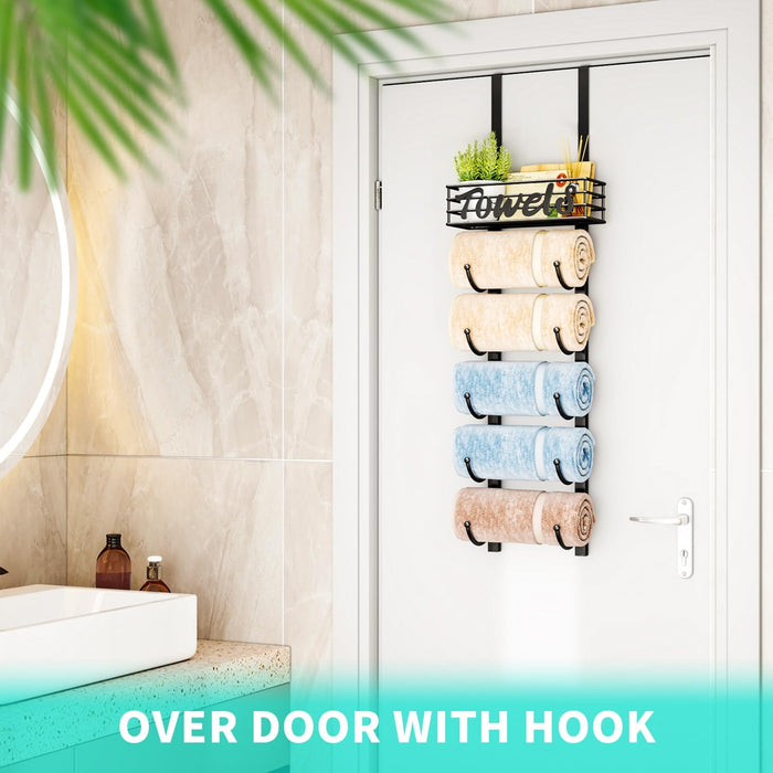 Towel Racks for Bathroom Storage - 6 Tier Over The Door & Wall Mount Rolled Towel Storage Organizer Holder with Metal Shelf Basket for Small Bathroom, Camper, Rv - Black, Patented