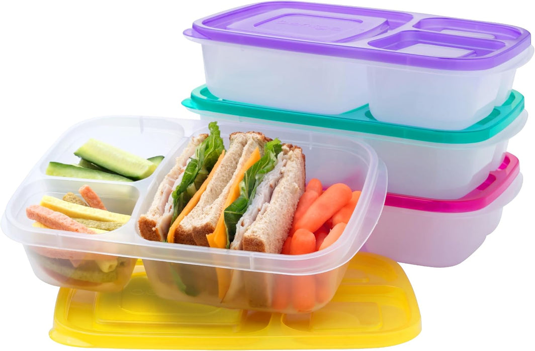 Easyboxes - Original Stackable Lunch Boxes - Reusable 3-Compartment Food Containers for Kids and Adults - Bento Lunch Box for Meal Prep, School, & Work - BPA Free, Set of 4 (Brights)