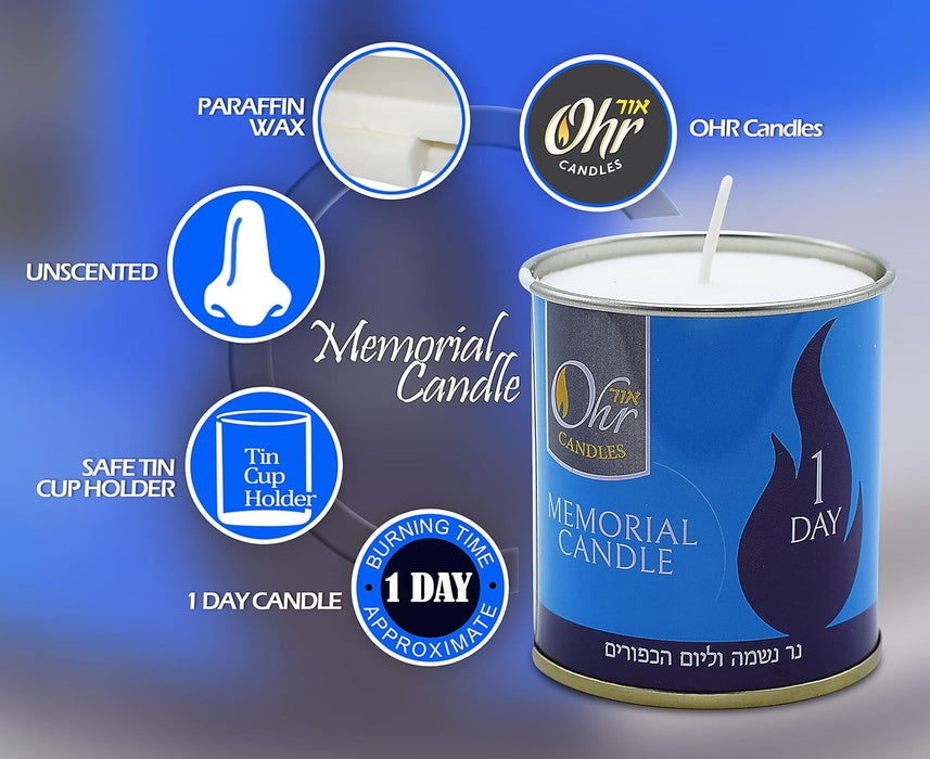 1 Day Yahrzeit Candle - 6 Pack - 24 Hour Kosher Yahrtzeit Memorial and Yom Kippur Candle in Tin Cup Holder