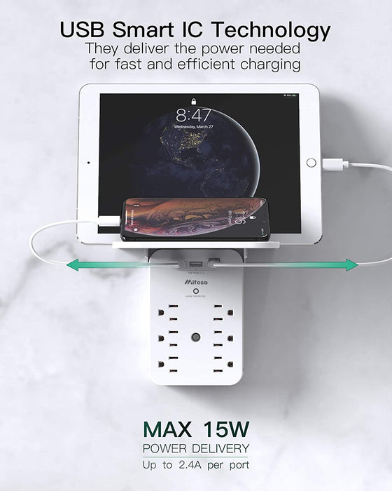 Wall Outlet Extender with Surge Protector, 6 AC Outlets, with Shelf