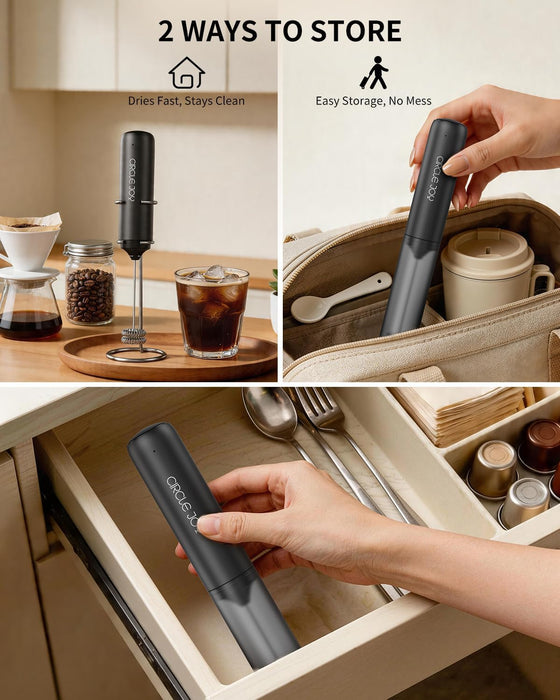 Rechargeable Milk Frother Handheld with Stand, Dual Coil Whisk Head Electric Coffee Frother, Portable Hand Frother Wand Drink Mixer for Matcha Lattes Cappuccino, Kitchen Gifts, Black