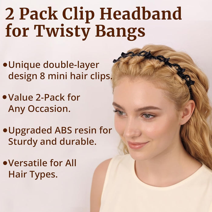 2 Pack Clip Headband for Twisty Bangs, 90s Hair Accessories for Women with 8 Mini Clips, Braided Hair Clip Headbands for Y2K Fashion Styling, Black and Brown