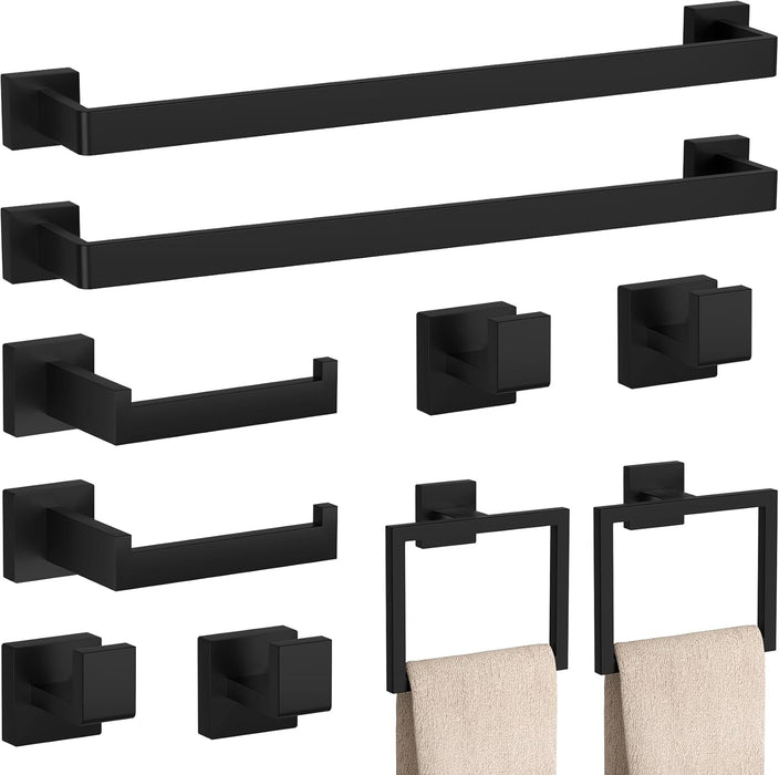 10-Pieces Matte Black Bathroom Accessories Set 23.6 Inch Towel Bar Set.