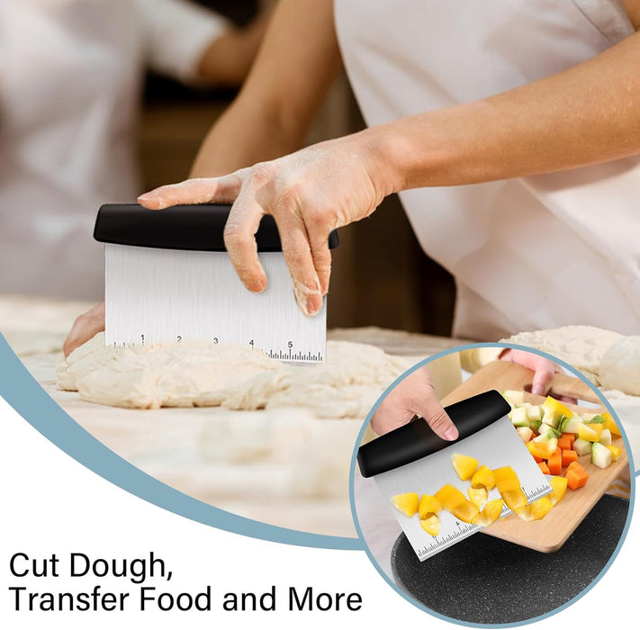 Bench Scraper, Premium Stainless Steel Dough Scraper with 2 PCS Flexible Bowl Scraper, Dough Cutter with Measuring Scale