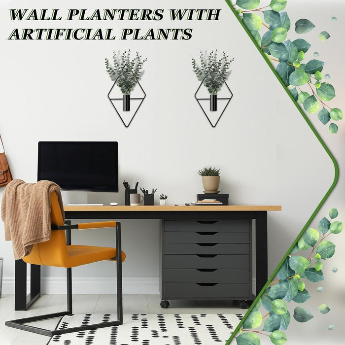 2 Pcs Hanging Artificial Planters Wall Decor, Black, Eucalyptus