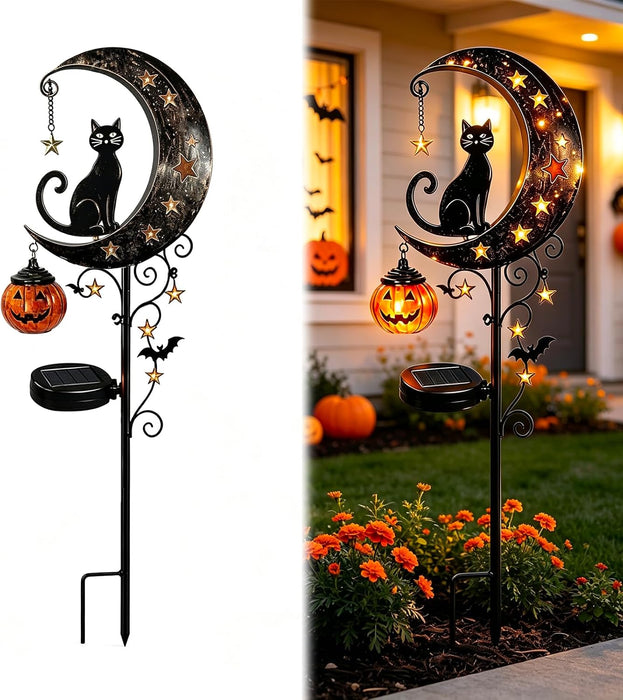 Solar Halloween Black Cat & Pumpkin Moon Garden Stake Light