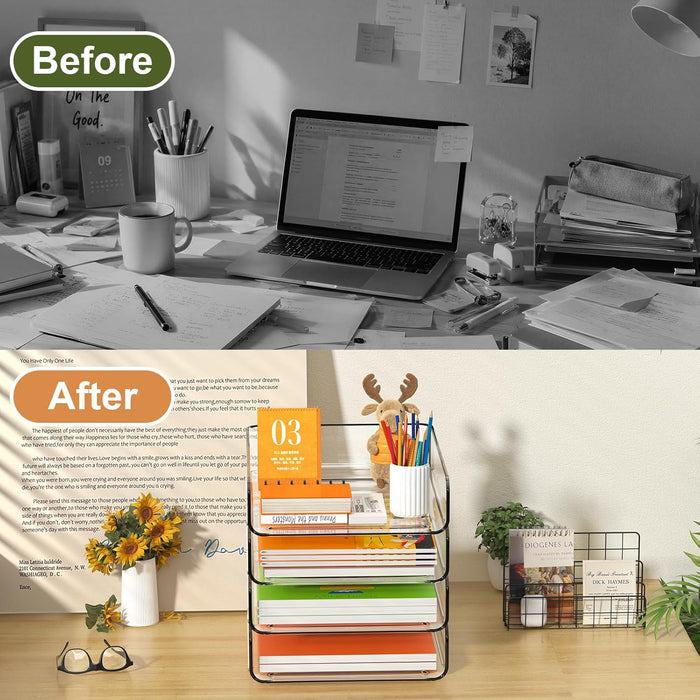 4-Tier Acrylic Paper Tray Organizer, Clear Stackable Desk File Organizer for Documents, Files, Letters, A4 Paper, Books,