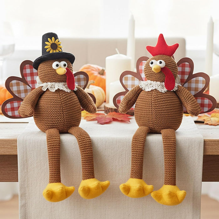Thanksgiving Decorations Set of 2 Turkeys with Dangling Legs, Turkey Couple Doll Plush Kit Tabletop Centerpieces for Fal