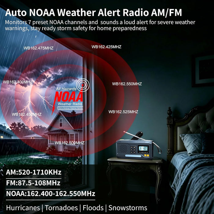 Emergency Weather Radio NOAA Alert Hand Crank Solar 2000mAh Phone Charger