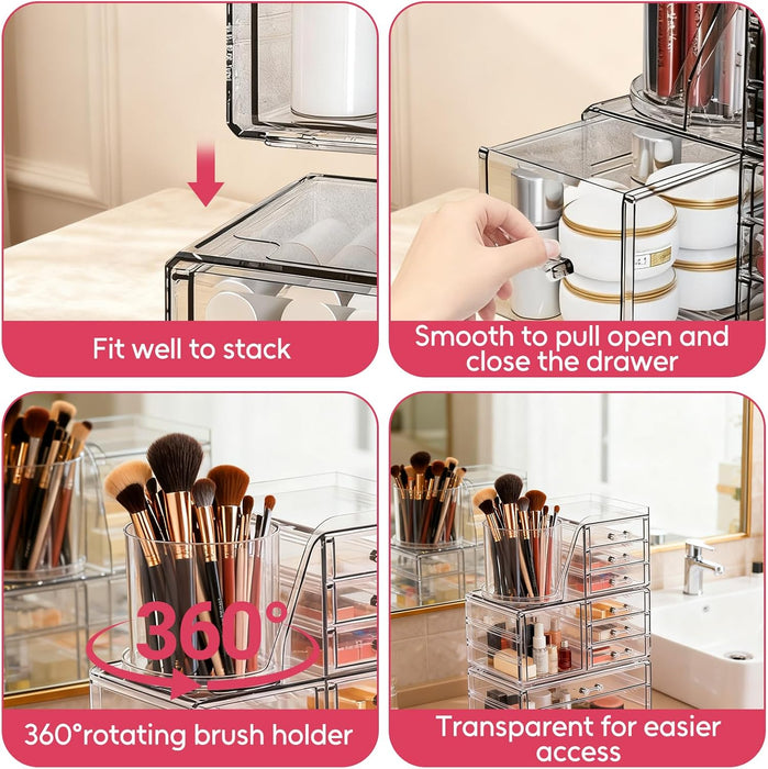 Clear Makeup Organizer with 9 Drawers, 3 Tier Stackable Makeup Storage Organizer with Rotating Brush Holder, Acrylic Cou