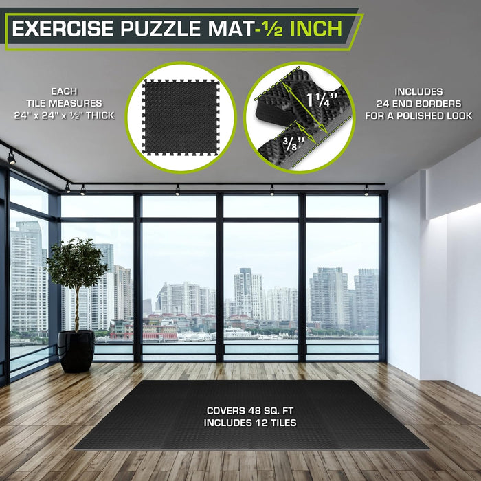 Exercise Puzzle Mat ½-inch, EVA Interlocking Foam Floor Tiles for Home Gym, Workout Equipment, Kids Play Areas, Black, 48 SQ FT - 12 Tiles