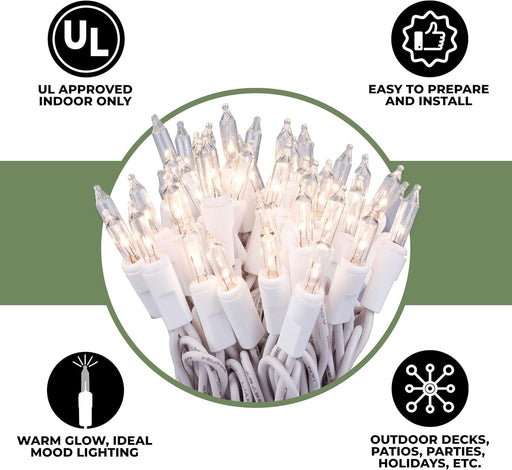 100 Clear Mini Incandescent Christmas Light on White Wire