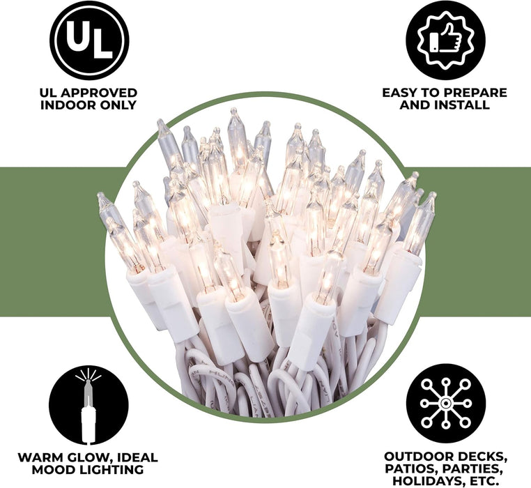 100 Clear Mini Incandescent Christmas Light on White Wire