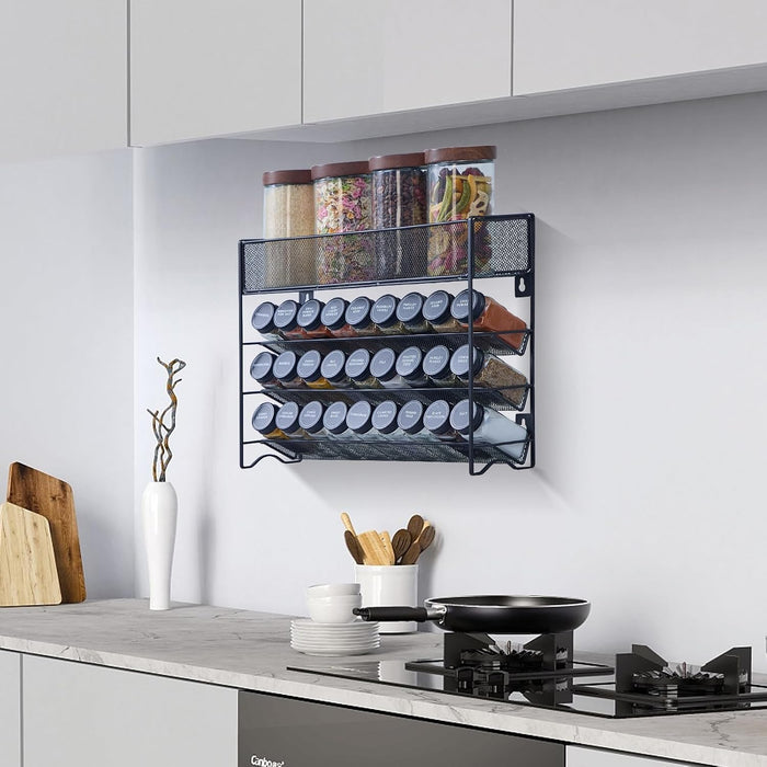 Spice Rack Organizer with 27 Spice Jars with Black Lids