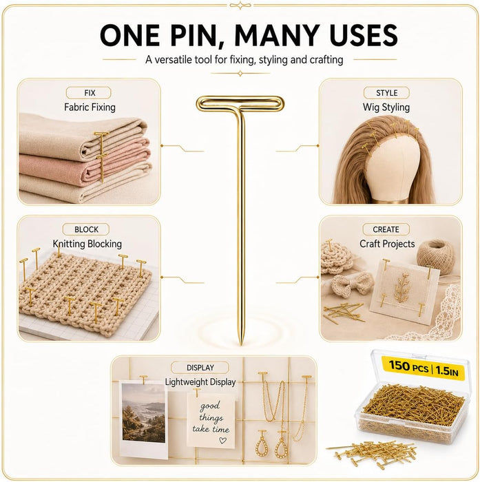 150PCS 1.5 Inch Gold Stainless Steel T-Pins for Wig Styling & Sewing