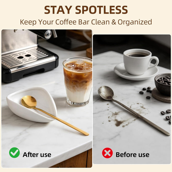 4 Gold Coffee Spoons 6.7in and 1 Ceramic Spoon Rest,Coffee Bar Accessories