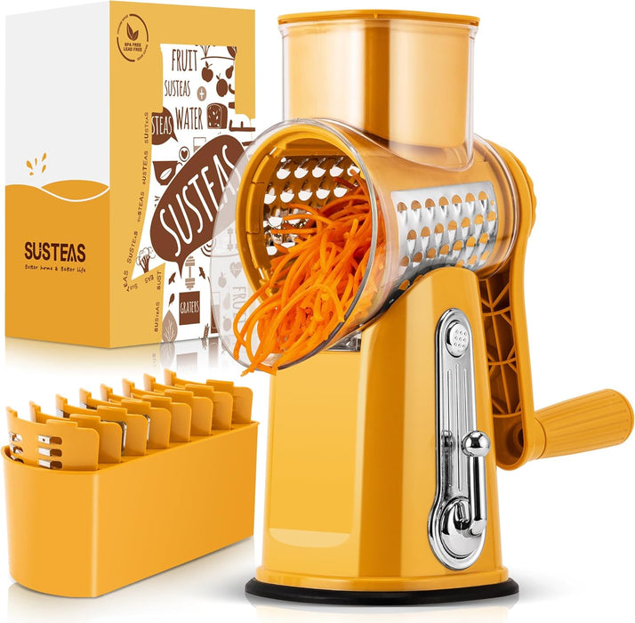 Rotary Cheese Grater with Handle - Vegetable Shredder with 5 Well-Designed Blades & Strong Suction Base,Round Mandoline Slicer & Food Chopper for Kitchen,With Blade Storage Box(Retro Green)