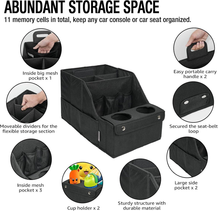 Car Backseat Organizer with 11 Compartments & 2 Cup Holders, Black