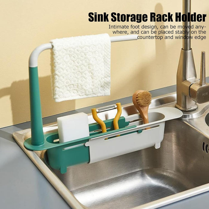 Telescopic Sink Storage Rack Holder, Adjustable Large Capacity Sink Storage Rack, PP Length Freely Drain Rack, Expandable Sink Organizer for Home Kitchen Sink, Easy Installation(Green)