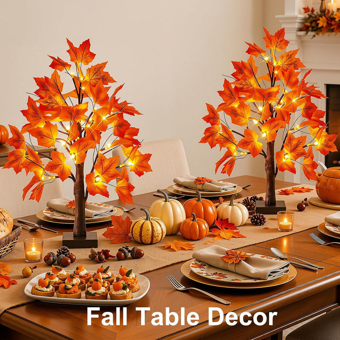 Fall Decor, 2 Pack 24 Inch Fall Trees Lighted Maple with 48 LED Warm Light 96 Pcs Maple Leaves, Autumn Thanksgiving Deco