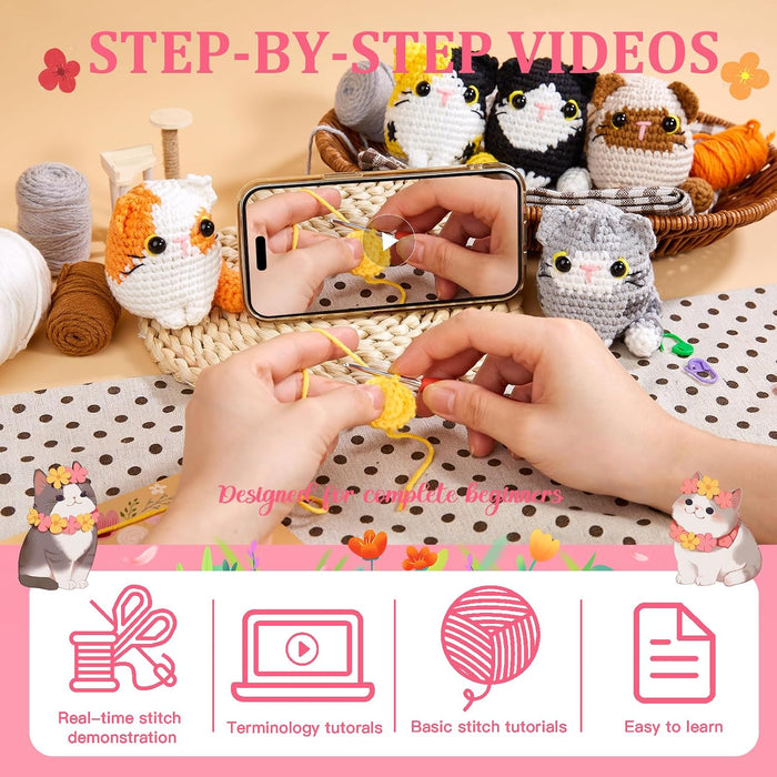 Crochet Kit for Beginners, 5 Cat Crochet Amigurumi Craft Kit