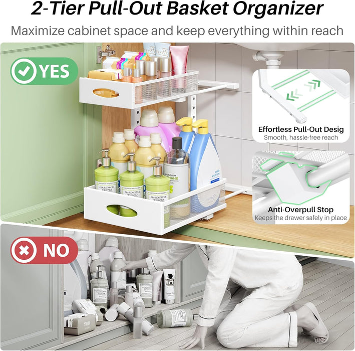 Under Sink Organizer, 2-Pack Pull Out Cabinet Organizer 2 Tier Metal Slide Out Storage Shelf Rack, L-Shaped Adjustable H