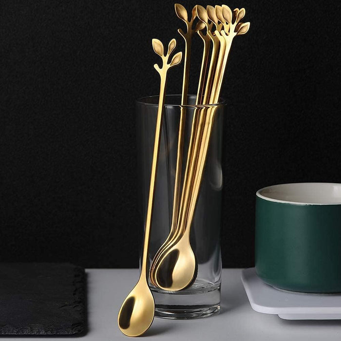 6-Piece Elegant Gold Leaf Long Handle Teaspoons - 7.4"
