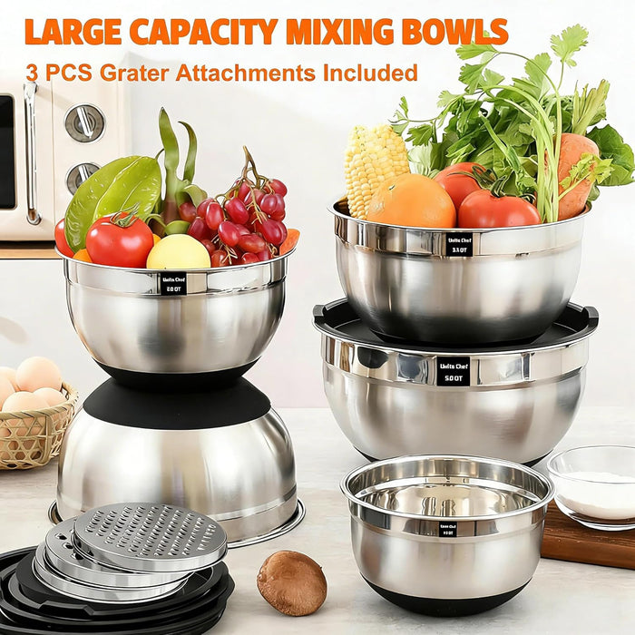 Thickened Heavy-Duty 26pcs Stainless Steel Bowl, Mixing Bowl Set with Lid, Grater Attachment, Non-Slip Bottom and Kitche