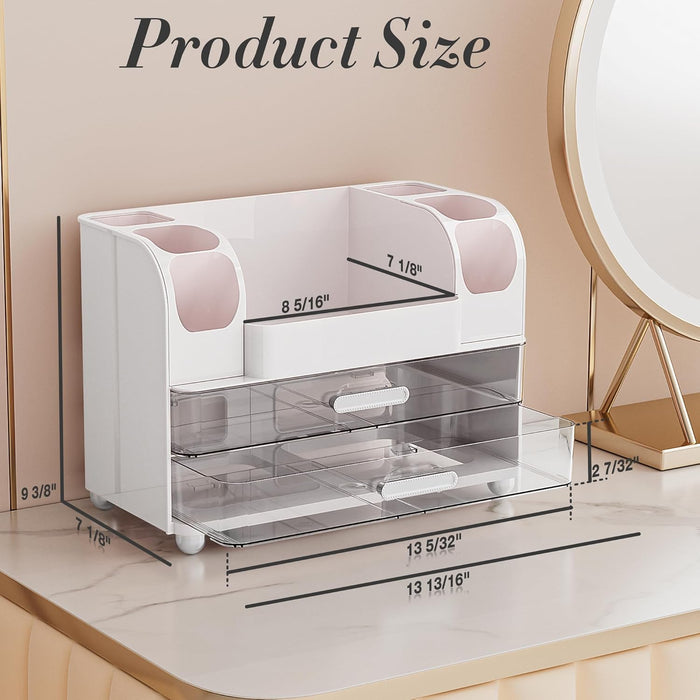 Large Makeup Organizer Countertop with 6 Brush Holders, White