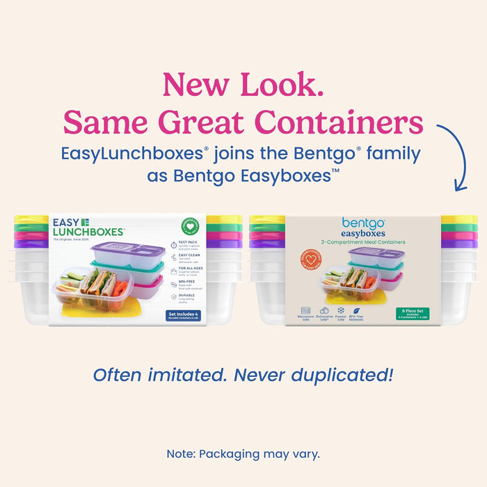 Easyboxes - Original Stackable Lunch Boxes - Reusable 3-Compartment Food Containers for Kids and Adults - Bento Lunch Box for Meal Prep, School, & Work - BPA Free, Set of 4 (Brights)